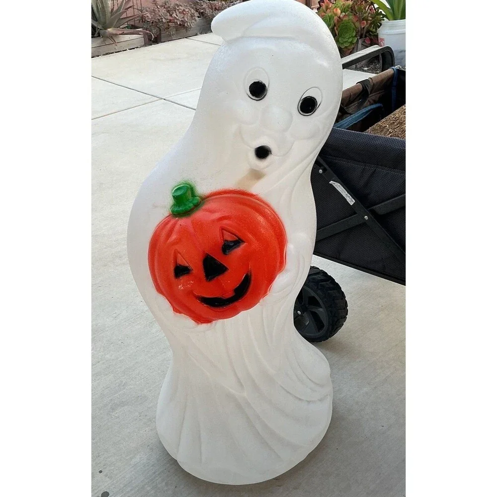 Large Vintage Ghost Blow Mold Holding Pumpkin Halloween Yard Decor 3FT Tall